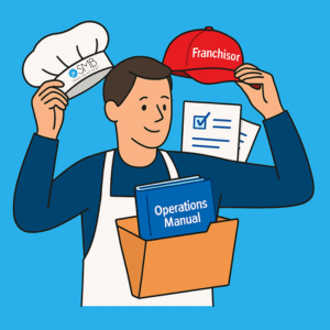 A business owner changing hats from a chef to a franchisor, holding an operations manual and franchise documents.